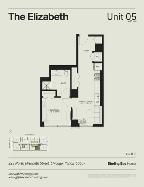 Floor plan for 1 bed, 1 bath, 568 sqft